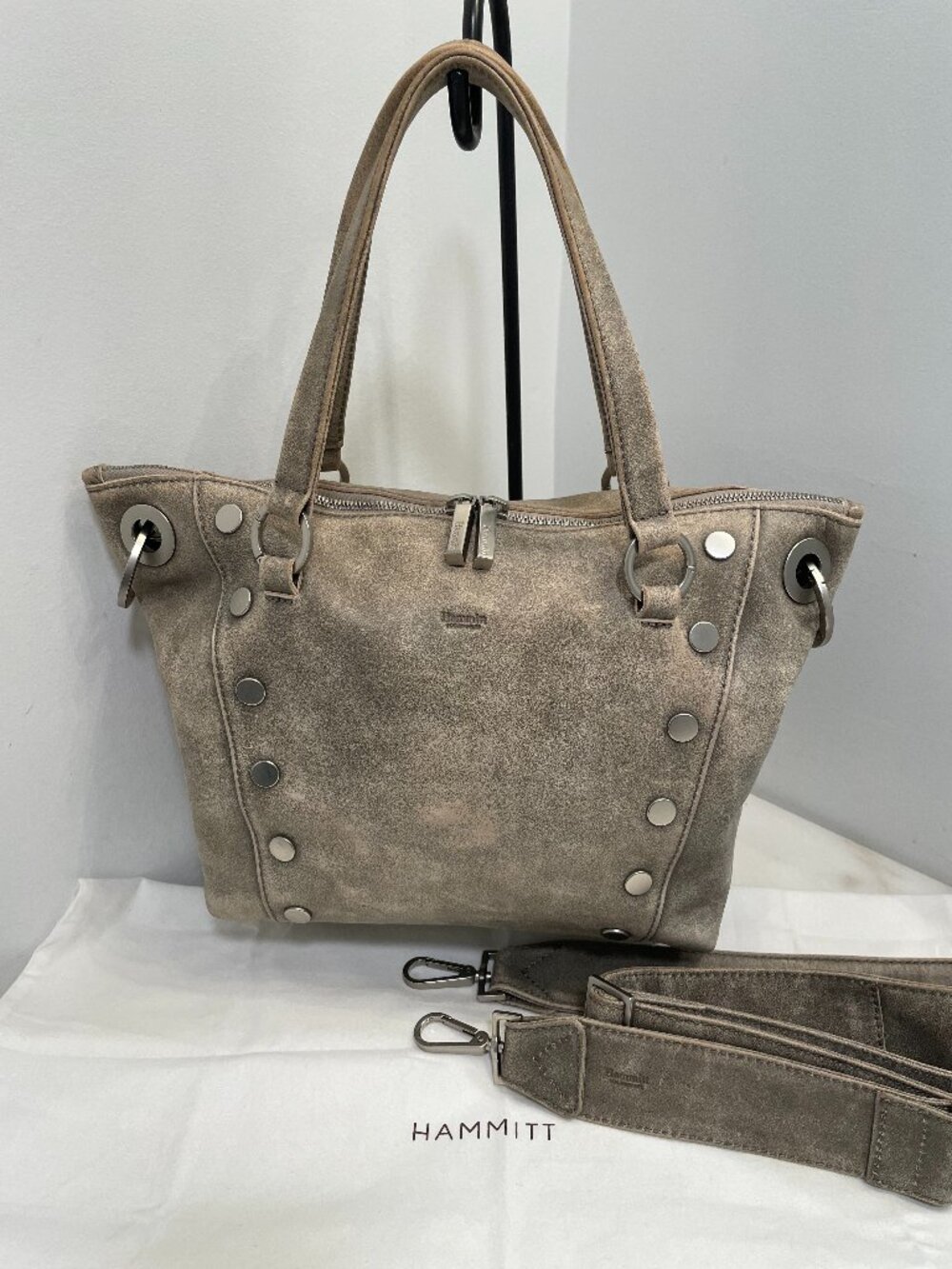 Hammitt Daniel Brushed Pewter Studded Leather Medium Crossbody Satchel Bag
